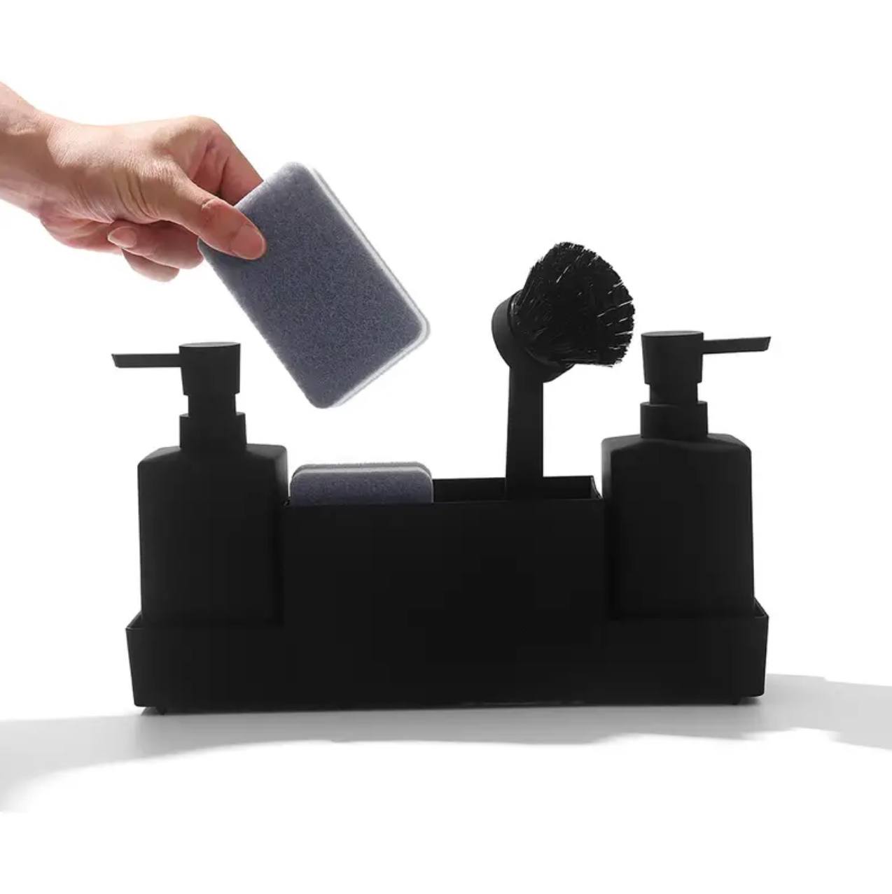 Matte black kitchen soap dispenser with sponge holder set