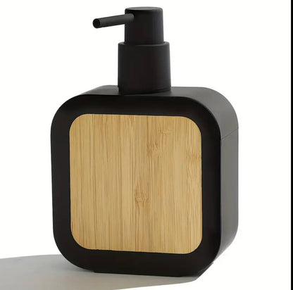 Square plastic soap dispenser with bamboo accent pump.