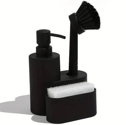 Kitchen soap dispenser 3 in 1 with dish washing brush and sponge holder set.