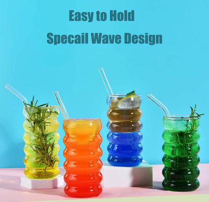 Borosilicate ripple wave glass cup with bamboo lid