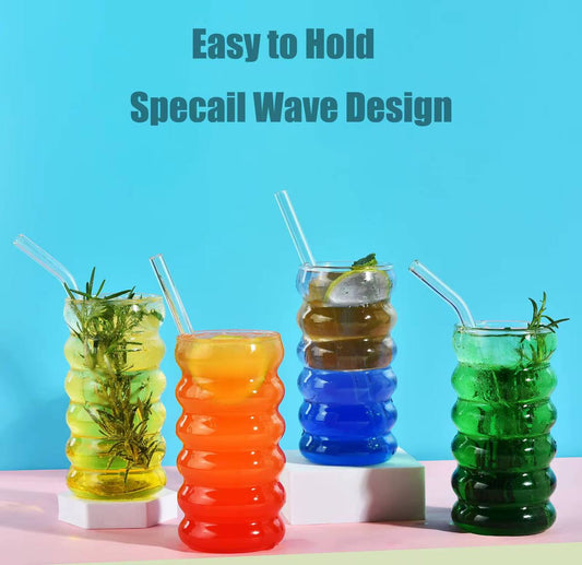 Borosilicate ripple wave glass cup with bamboo lid