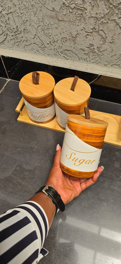 3pcs Ceramic Canisters Set  with Bamboo Stand