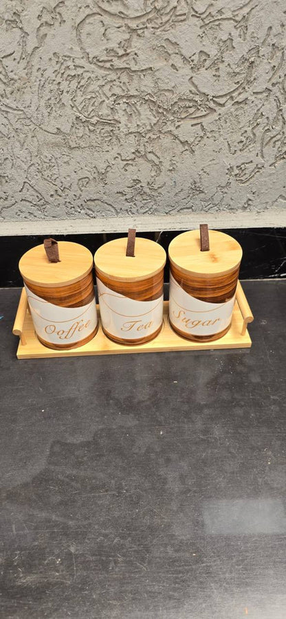 3pcs Ceramic Canisters Set  with Bamboo Stand