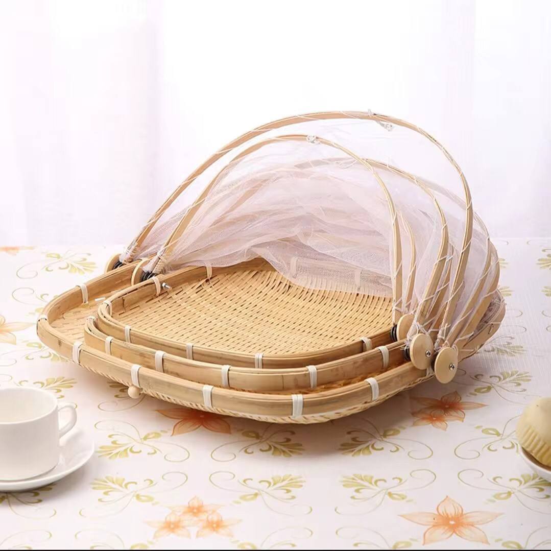 Handmade Bamboo Woven Bug Proof Wicker Basket, Dustproof Picnic Fruit/ Vegetable Tray. Storage Basket