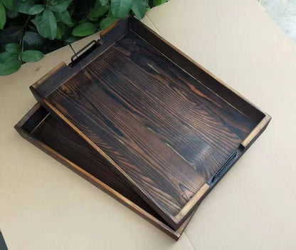 Fir wood serving tray with metal handle