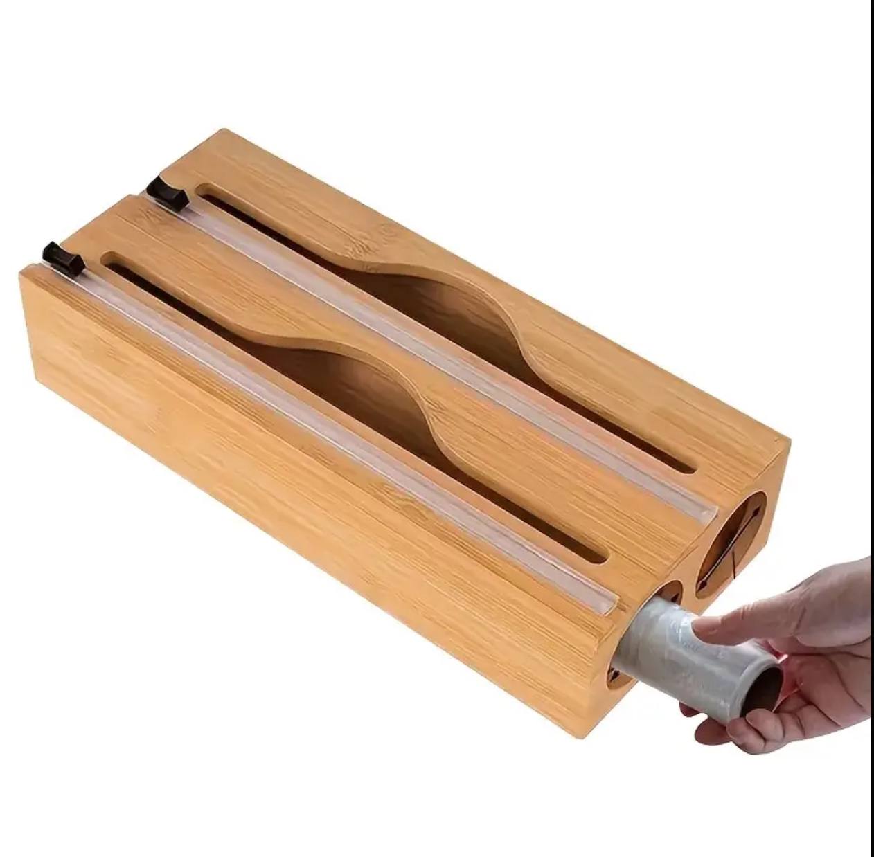 Bamboo kitchen wrap dispenser with foil && cling film cutter