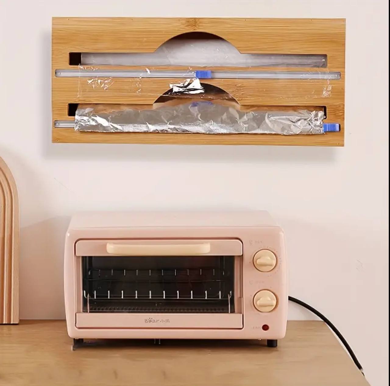 Bamboo kitchen wrap dispenser with foil && cling film cutter