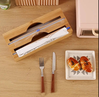 Bamboo kitchen wrap dispenser with foil && cling film cutter