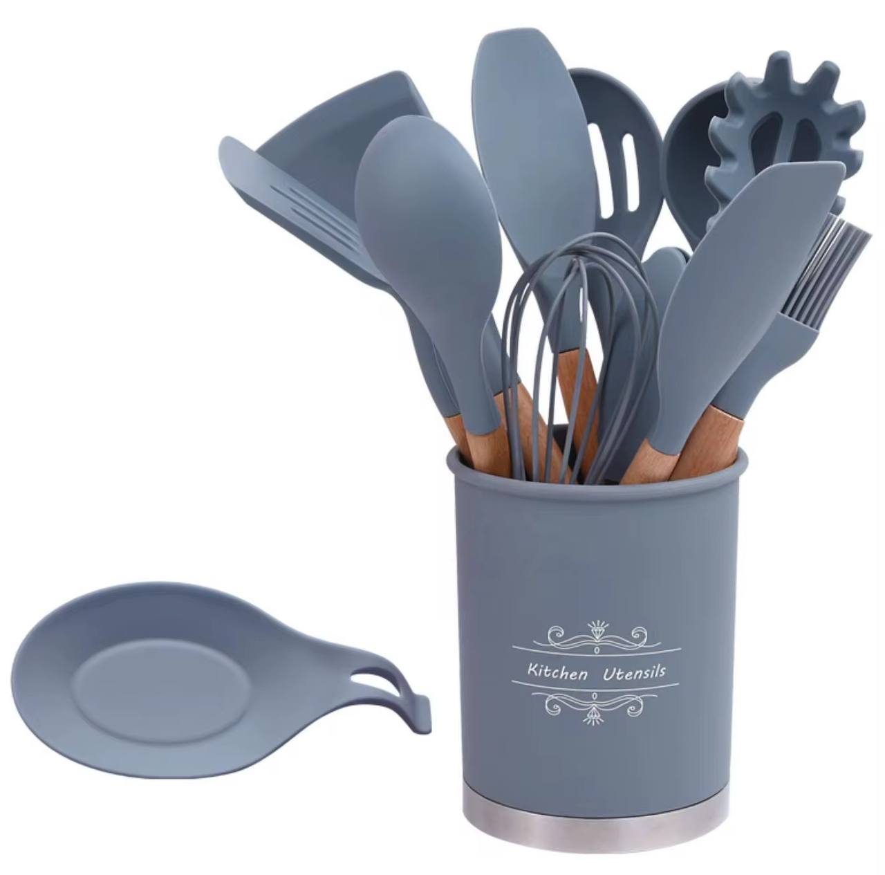 Best quality 13pcs silicone spoons set with steel base and spoon rest