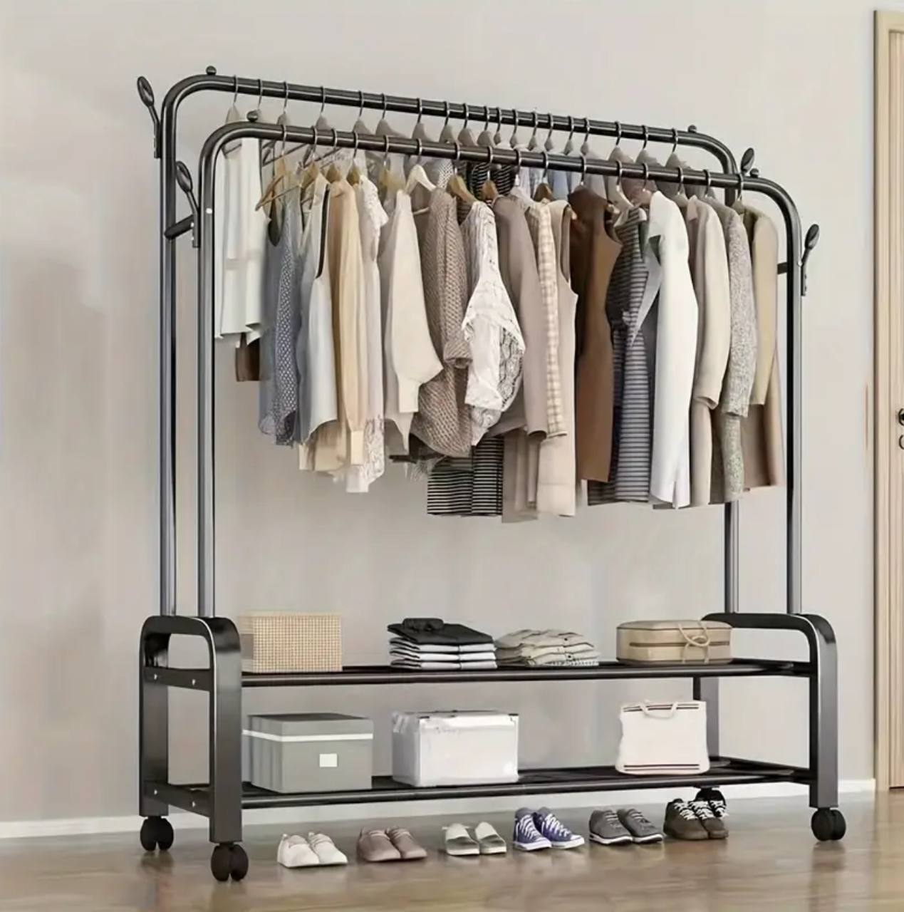 Modern Double-pole Clothing Rack with Storage Shelves/shoe rack