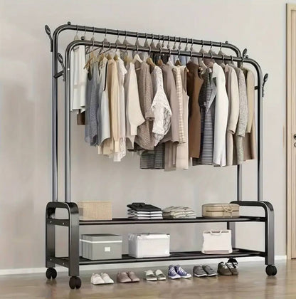 Modern Double-pole Clothing Rack with Storage Shelves/shoe rack
