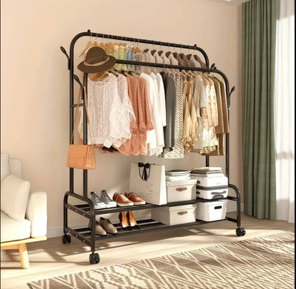 Modern Double-pole Clothing Rack with Storage Shelves/shoe rack