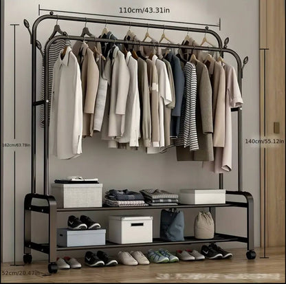 Modern Double-pole Clothing Rack with Storage Shelves/shoe rack