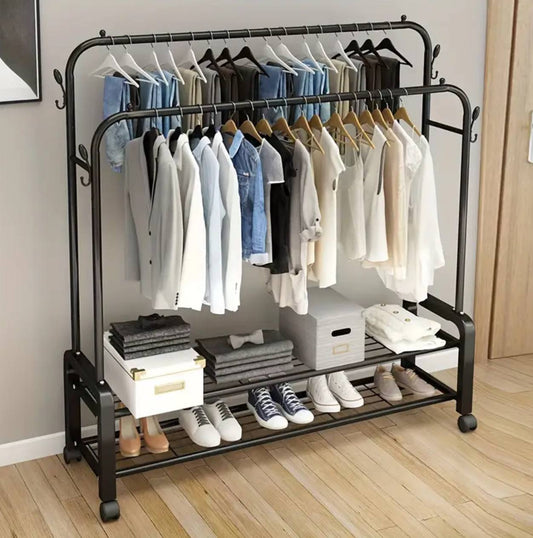 Modern Double-pole Clothing Rack with Storage Shelves/shoe rack