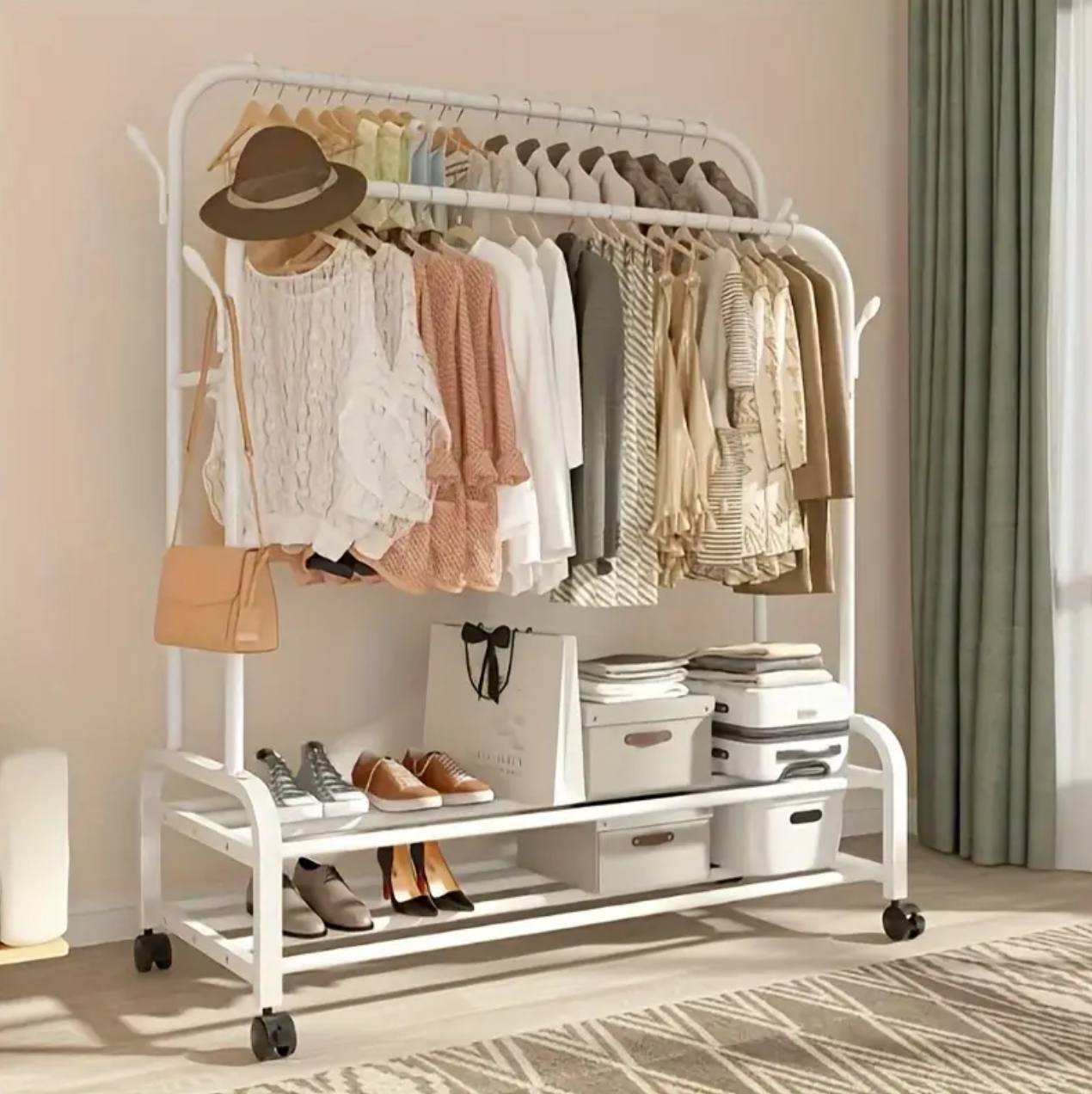 Modern Double-pole Clothing Rack with Storage Shelves/shoe rack