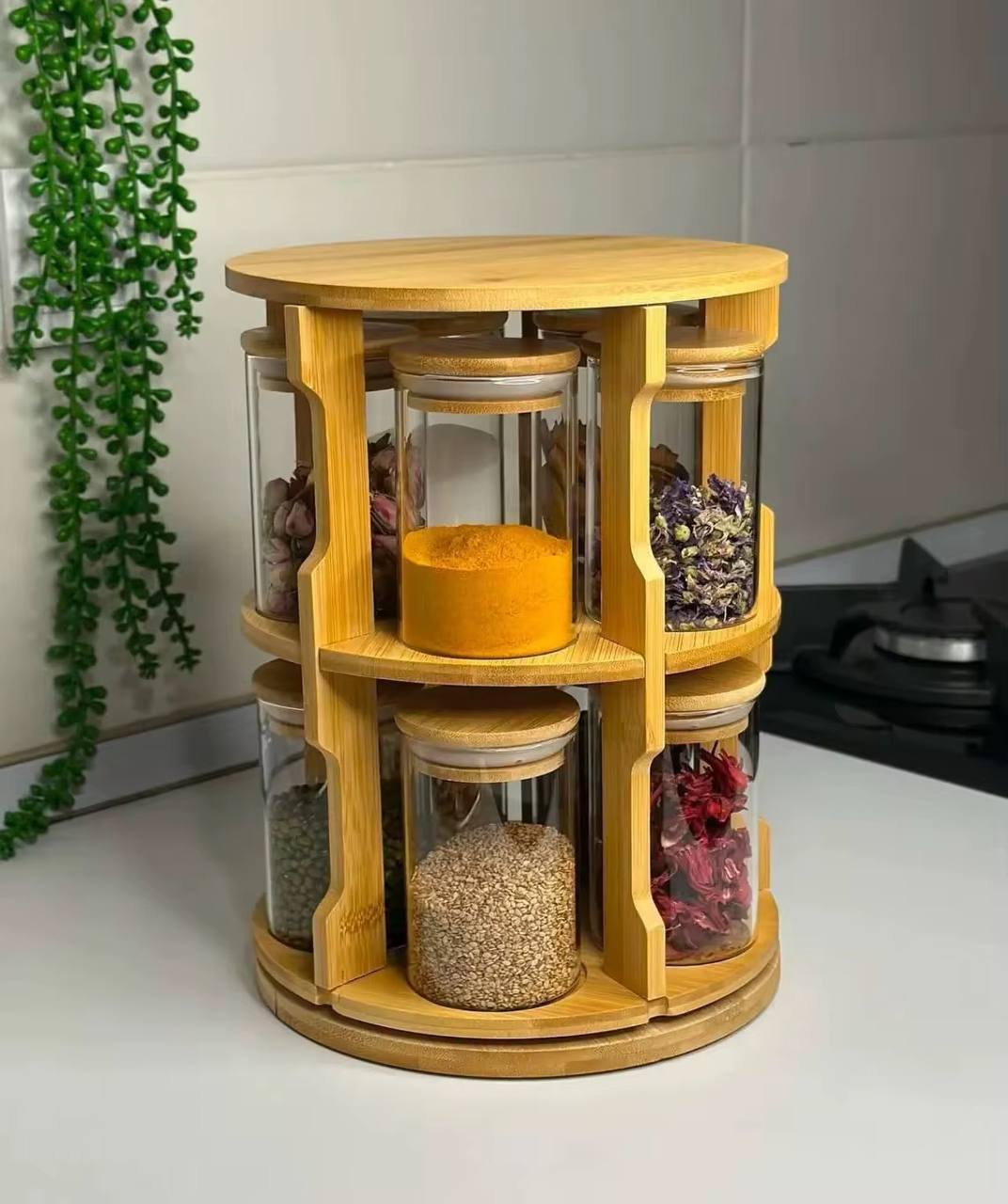 360 Degree Rotating Tabletop Spice Bamboo  Rack