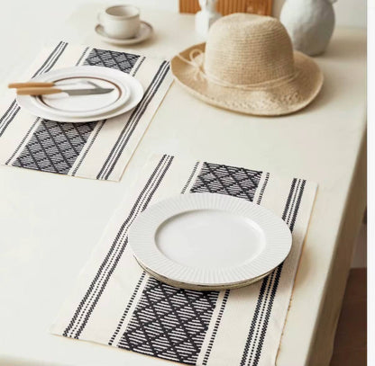 Braided woven textured table runner with tassels and 6pcs mats