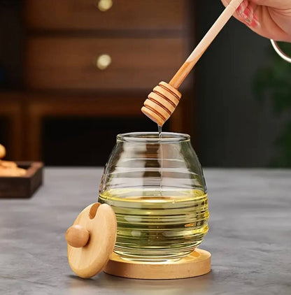 Honey canister container lid and stiring rod