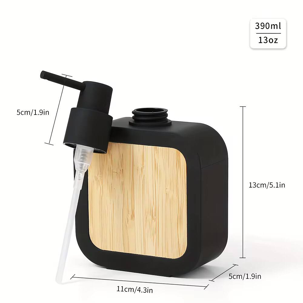 Square plastic soap dispenser with bamboo accent pump