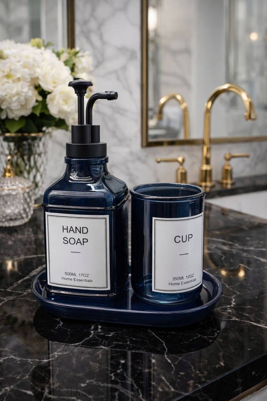 3pc sleek glass hand soap dispenser,matching cup & tray