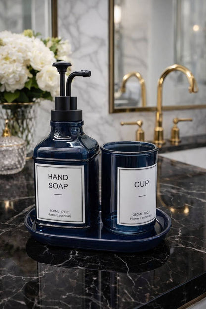 3pc sleek glass hand soap dispenser,matching cup & tray