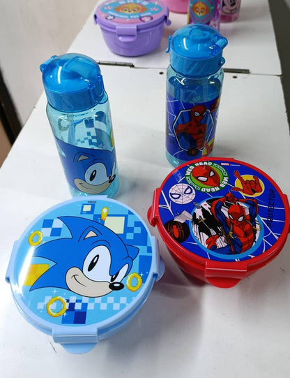 Combo Disney cartoon themed, Sonic, paw patrol, Spiderman, Mickey mouse 2-in-1 Lunch Box with bottle Set with strae