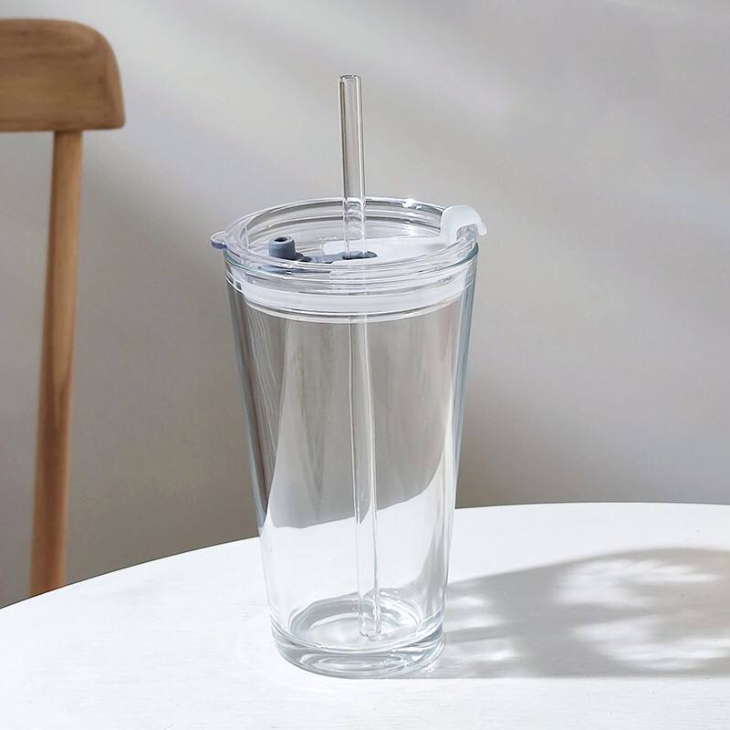 Round Transparent Borosilicate Drinking Glass Cup/Tumbler with lid + Straw