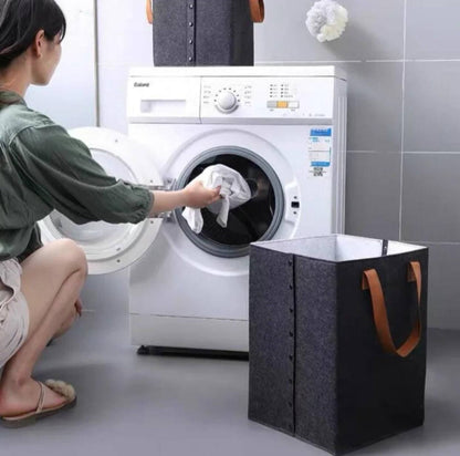 Foldable laundry basket with leather handles