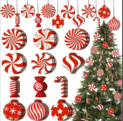 12pcs wooden red candy windmill cane Christmas tree pendant