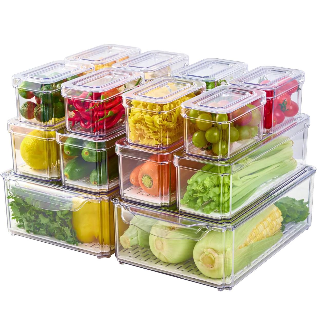 14 pcs BPA-Free Stackable acrylic Fridge Organizer Bins with Lids