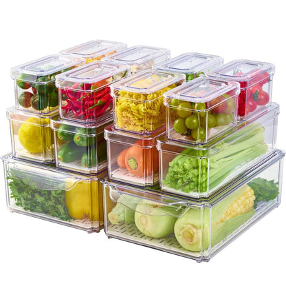 14 pcs BPA-Free Stackable acrylic Fridge Organizer Bins with Lids
