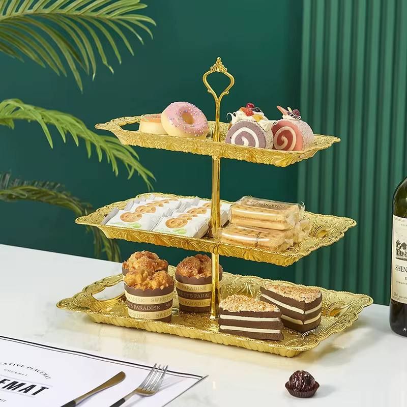 Plastic Cake Stand 3 Layer Rectangle Gold.