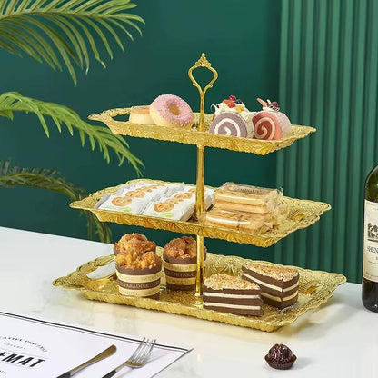 Plastic Cake Stand 3 Layer Rectangle Gold.