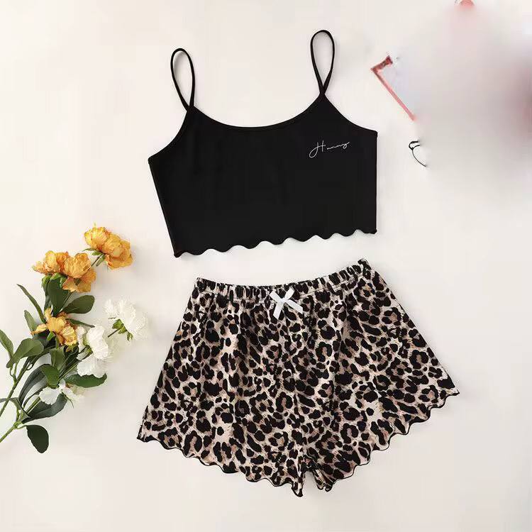 Leopard Print Sling Sleepwear Women's Pajamas Set Sexy Lingerie V-Neck Sleeveless Top and Shorts Sets Pyjamas Homewear