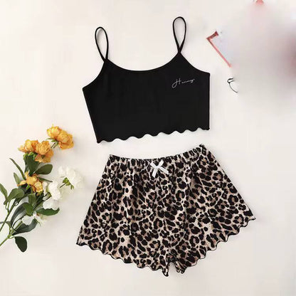 Leopard Print Sling Sleepwear Women's Pajamas Set Sexy Lingerie V-Neck Sleeveless Top and Shorts Sets Pyjamas Homewear