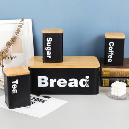 Bread Bin with Three Canister Set with Bamboo Lid