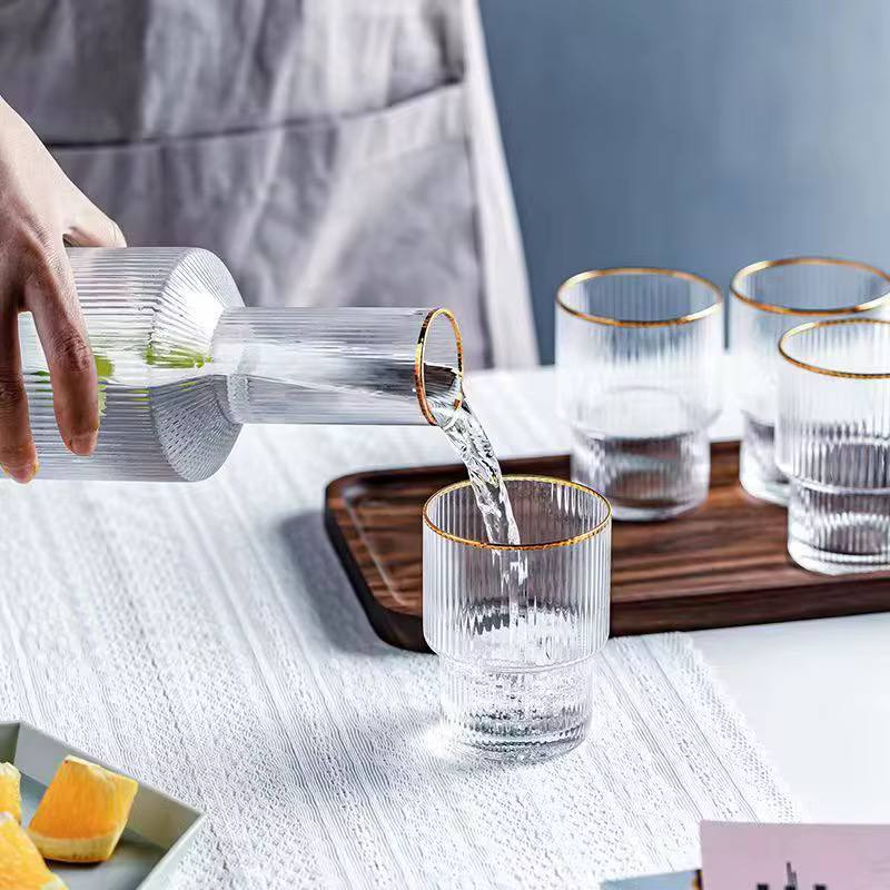 Custom Vertical Decanter with Bamboo lid & 6pcs Highball Glassware with Gold Rim.