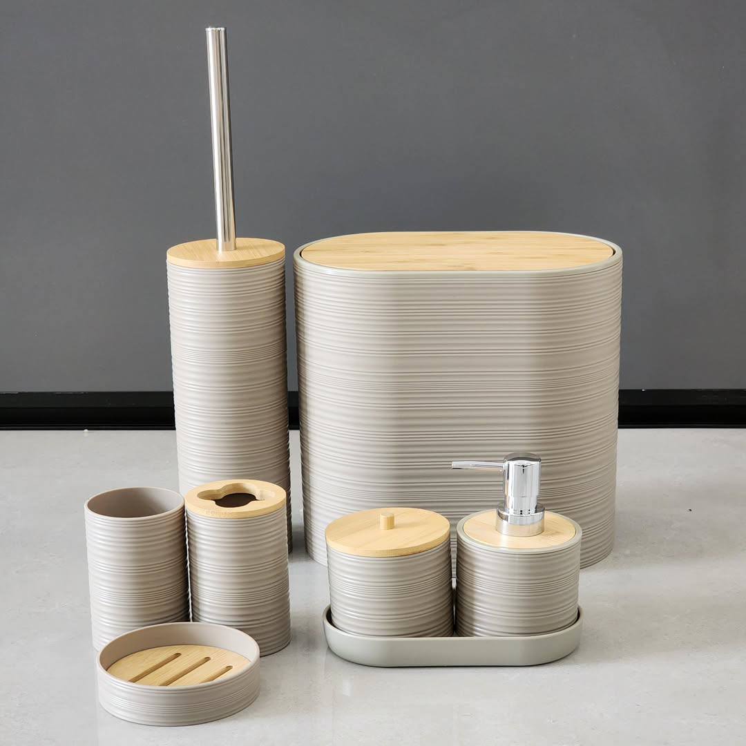 8PCS Luxury Bamboo Plastic Bathroom Accessories set.