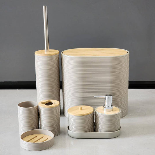 8PCS Luxury Bamboo Plastic Bathroom Accessories set.