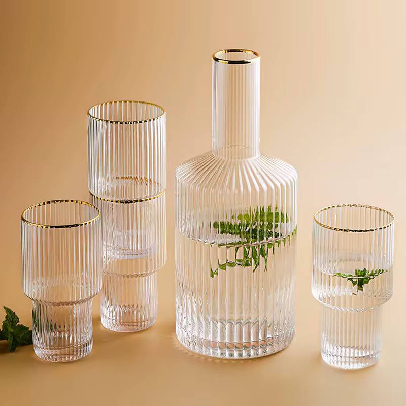 Custom Vertical Decanter with Bamboo lid & 6pcs Highball Glassware with Gold Rim.