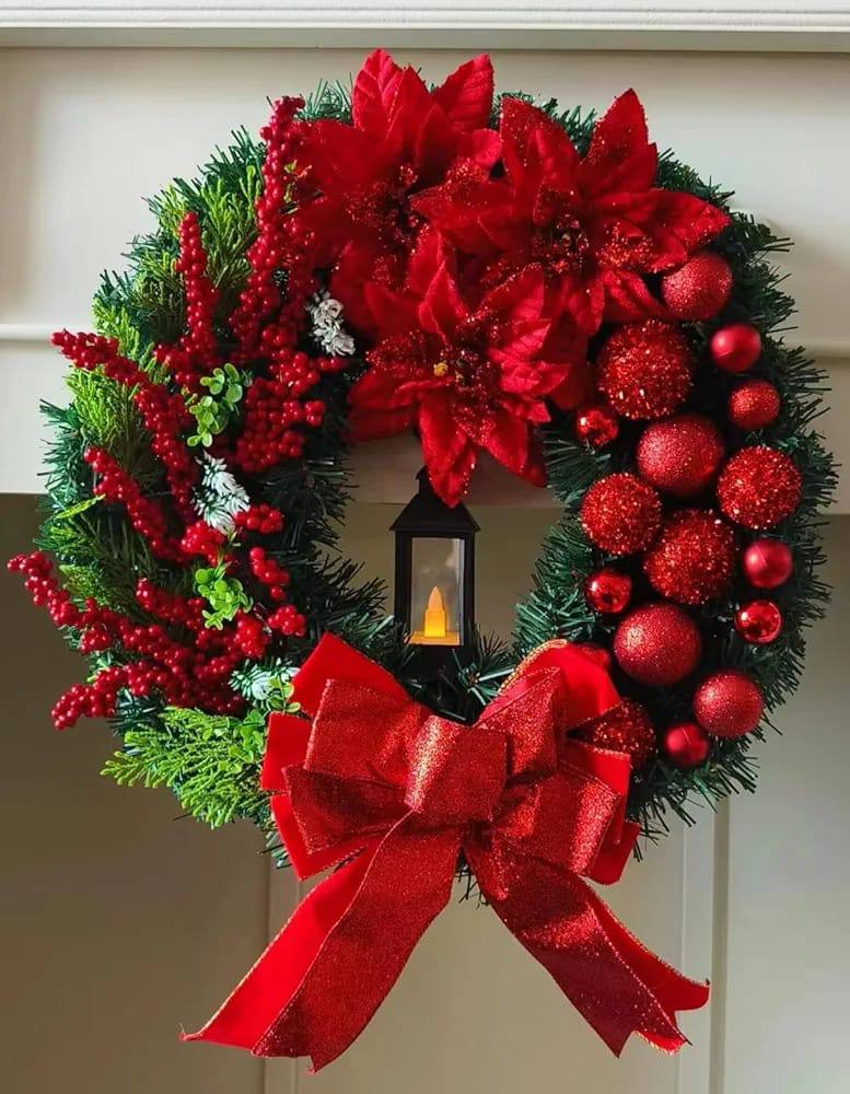 Christmas Front Door Wreath Artificial Red Berry Grass Bow Ornament with LED Kerosene Lamp Decoration