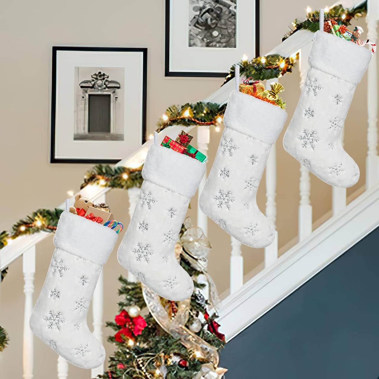 4 Pack Christmas White Faux Fur Xmas socks  with Silver Sequin Snowflakes