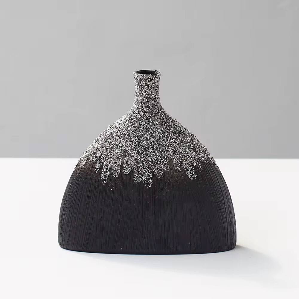 Modern Ceramic Vase - Fish-Tail Design in Matte Black & White, Handcrafted with Snow Powder