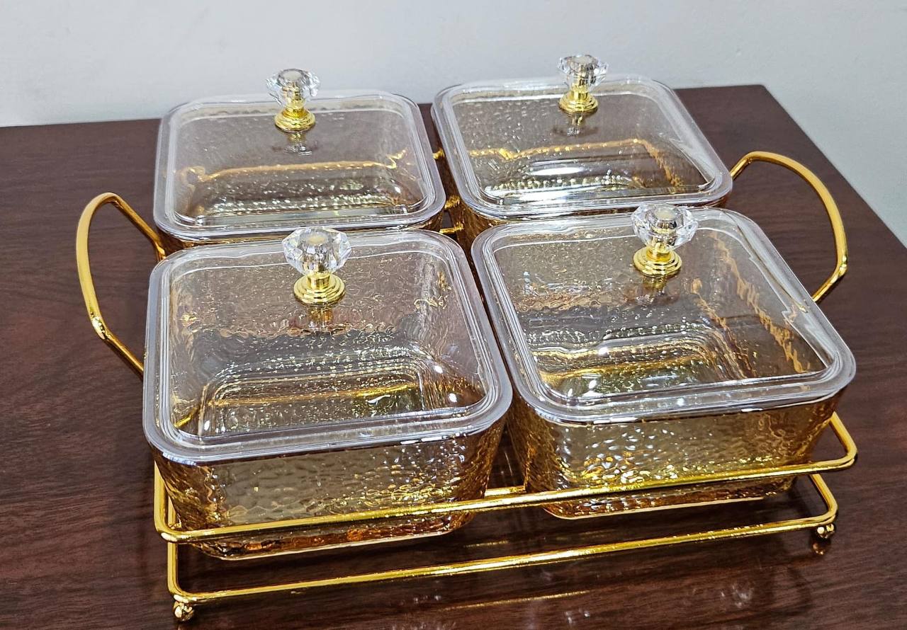 4in1 4pc heavy glass golden sugar dish set