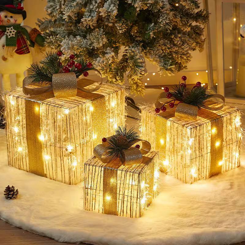 3Pc Set Snow Flocked Christmas Lighted Gift Boxes (Design B)