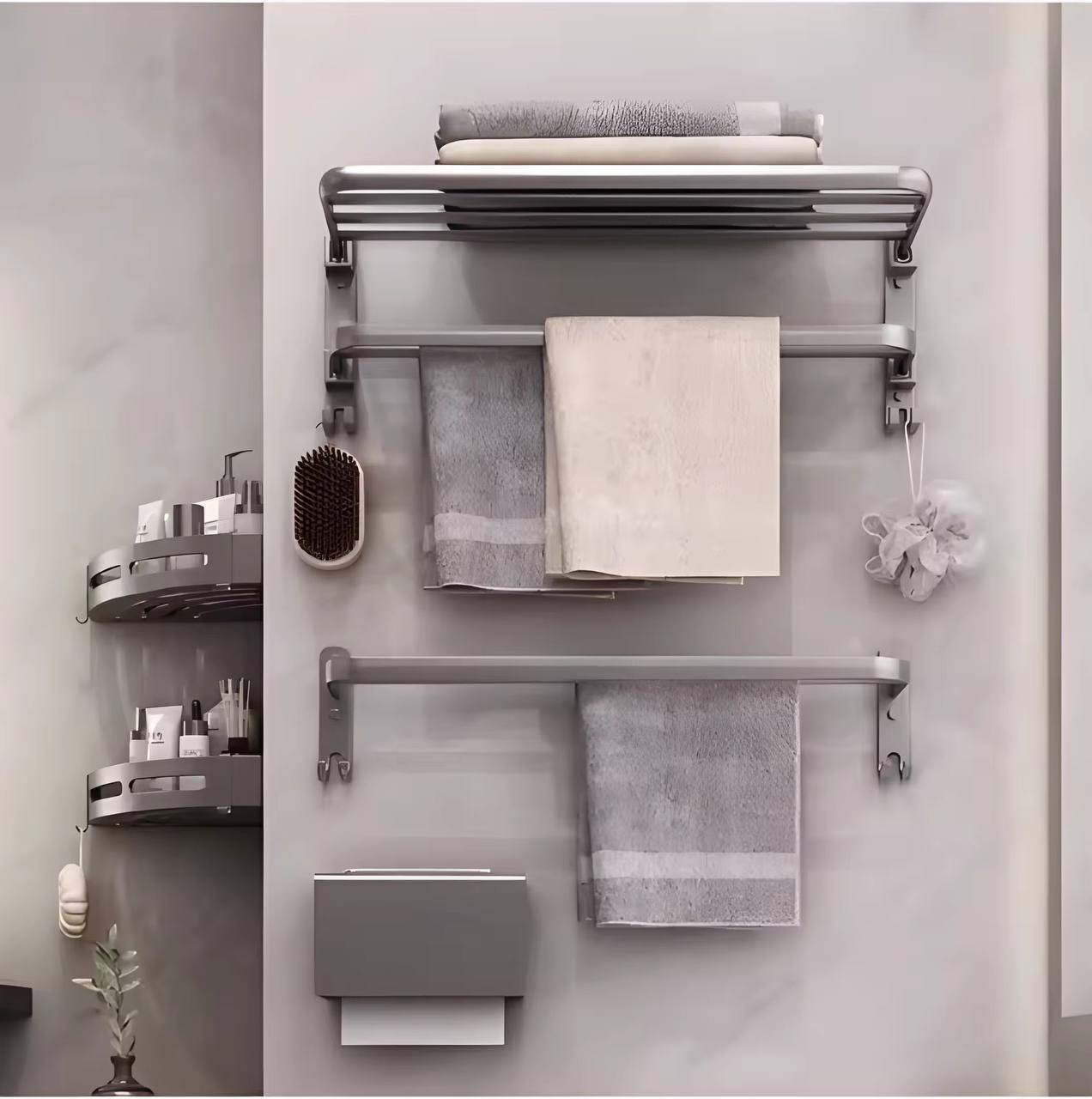 7pcs Black Multifunctional Aluminum Bath Towel Storage Rack Set Bathroom Storage Rack