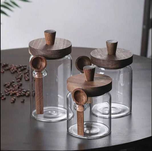 Mulit-purpose Modern Glass Sealed storage Jars with Acacia wood lid and Spoons