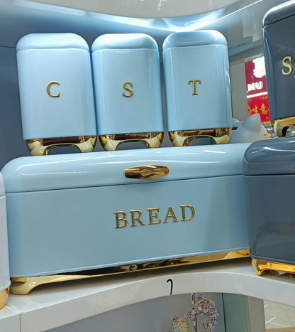Bread Bin with Three Canister Set with touch of gold