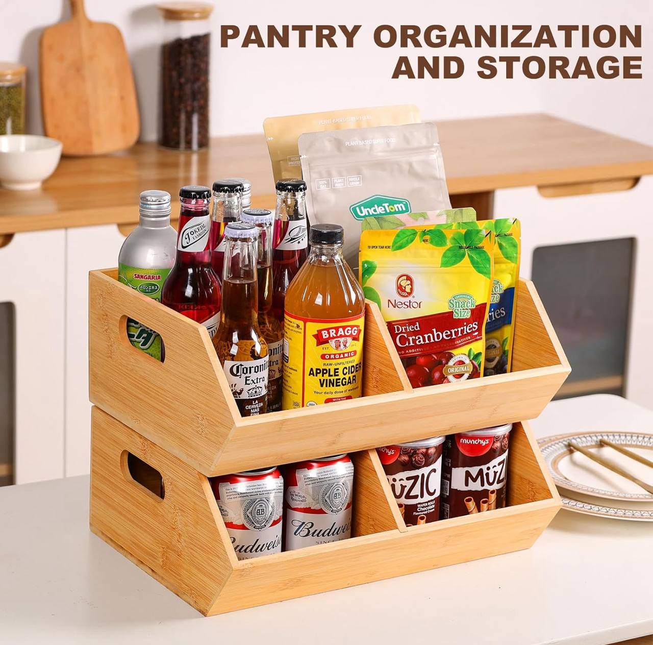 Bamboo pantry organizer/storage bin with removable divider