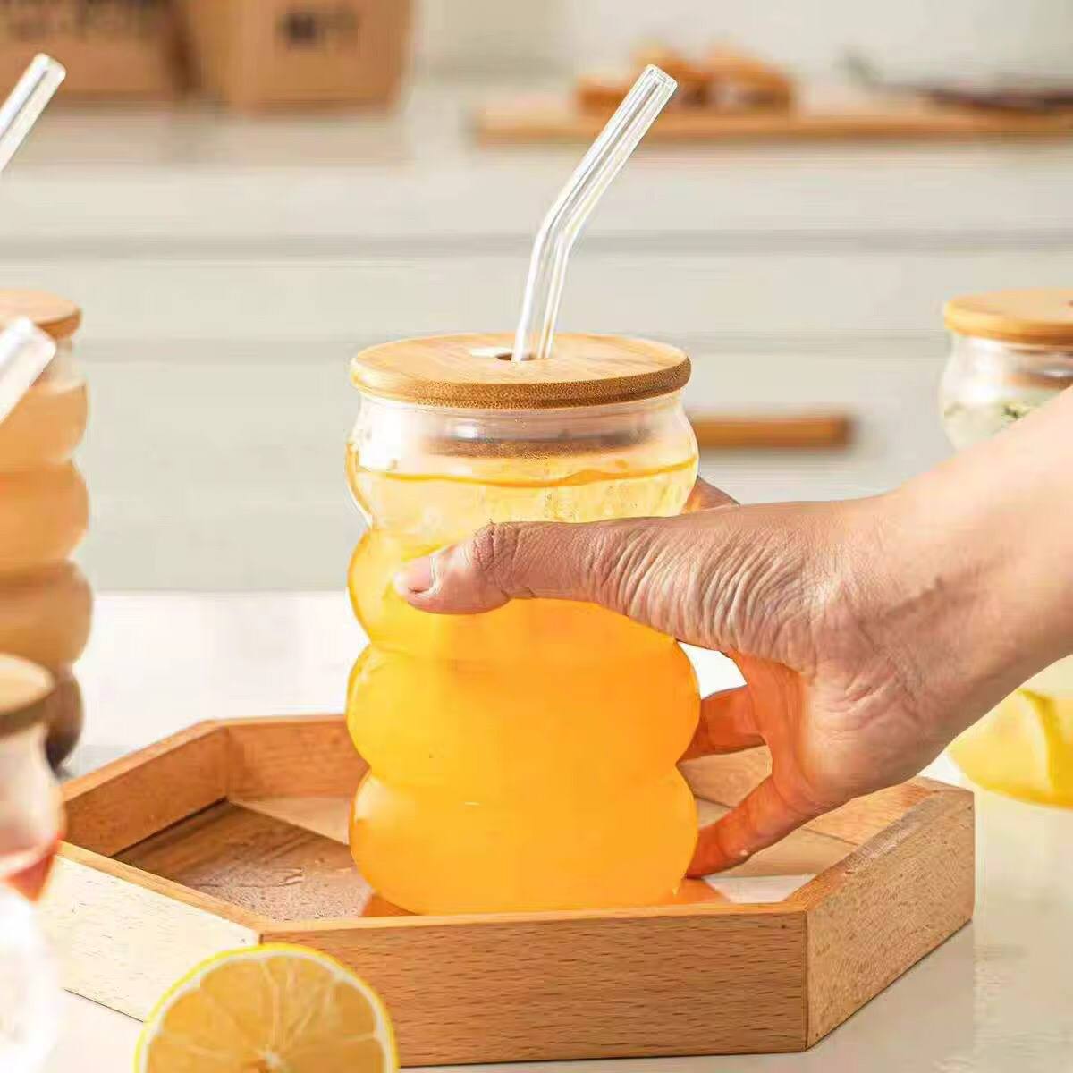 Beehive Pattern Glass Tumbler with Bamboo Lid